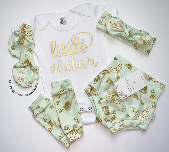 Little Sister Organic Mint Butterflies High Waist Bummies Set Coming Home Outfit Baby Girl Summer Shorts Gift Leg Warmers