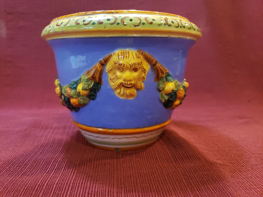 Vintage Sasa 221 Hand Painted Glazed Ceramic Round Planter Featuring Faces With Fruit Swag On Blue Background, Made in Italy