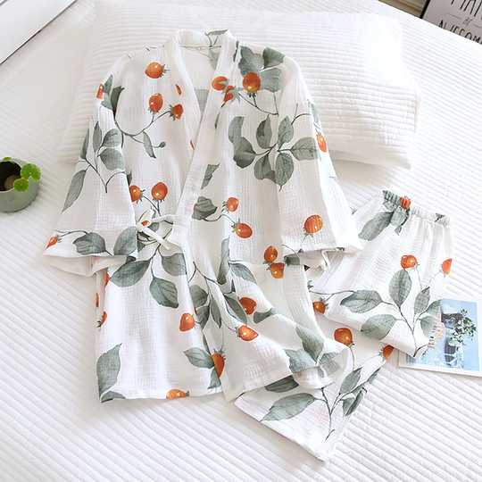 Organic Cotton Gauze Pajama Set, Women Kimono Pajamas, Summer Printed Half Sleeve Home Wear