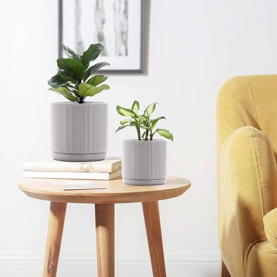 Set Of Two Grey Ceramic Planters With Saucers