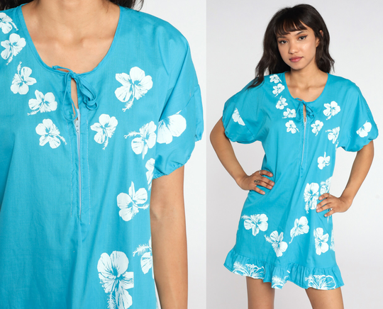 Hawaiian Floral Dress 70S Turquoise Blue Hibiscus Tent Tropical Mini Shift Boho Vintage Minidress Sleeveless Medium