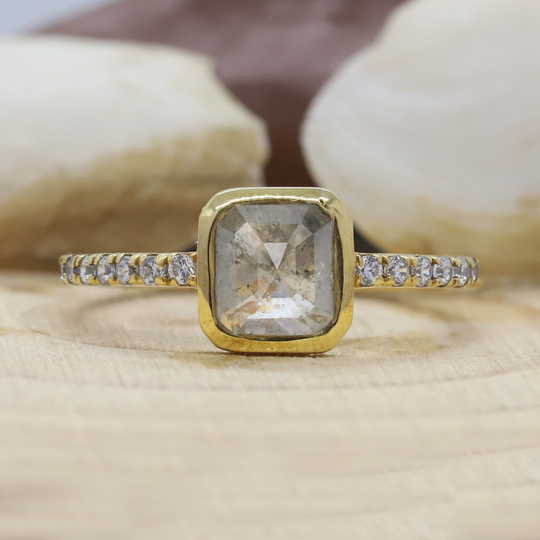 14K & 18K, Salt & Pepper Diamond, Emerald Natural Diamond Ring, Gold Engagement Wedding Objr-120