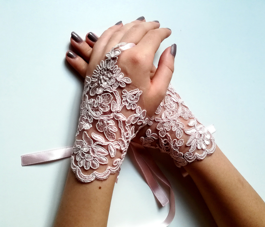 Powder Pink Lace Gloves, Baby Wedding Gloves Fingerless Women's For Bridal