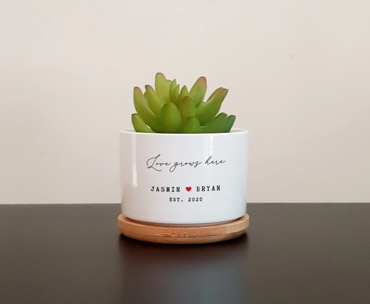 Personalised Planter For Succulents, Cacti, Love Grows Here, Custom Message Plant Pot, Gift Birthday, Anniversary, Couple, Engagement