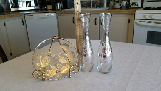 3 Piece Antique Sterling Silver City Glass Vases & Footed Plate Dish - Overlay Crystal Glassware Floral Leaves Art Deco Ornate Vintage Bud