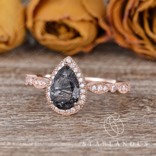 Art Deco Engagement Ring Rose Gold Pear Shaped Black Rutilated Quartz Ring Halo Flower Vintage Inspired Salt & Pepper Crystal