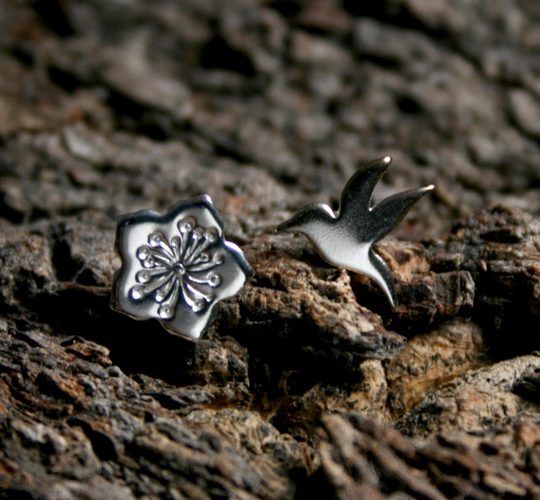 Hummingbird & Hibiscus Blossoms. Sterling Silver Stud Earrings.