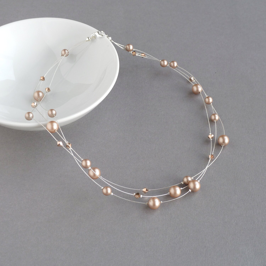 Rose Gold Multi-Strand Necklace - Champagne Three Strand Bridesmaid Gifts Powder Almond Floating Pearl Necklaces Beige Wedding Jewellery