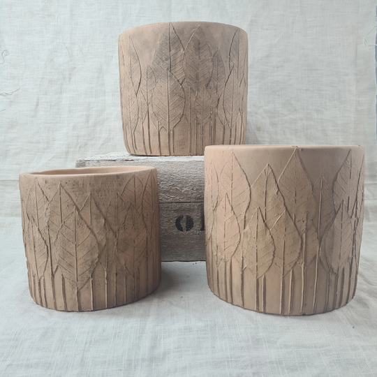 Rustic Orange Ceramic Planter - 3 Sizes Textured Concrete With Leaf Design