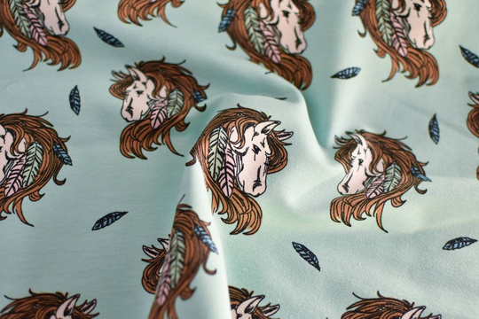 Horse Jersey Knit On Green Sweatshirt Stretch Organic Cotton Fabric - Bloome Copenhagen