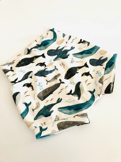 Nautical Whale High Waisted Bummies, Organic Cotton Diaper Cover, Baby Bloomers, Got's Bummies, Shorties, Baby/Toddler Shorts