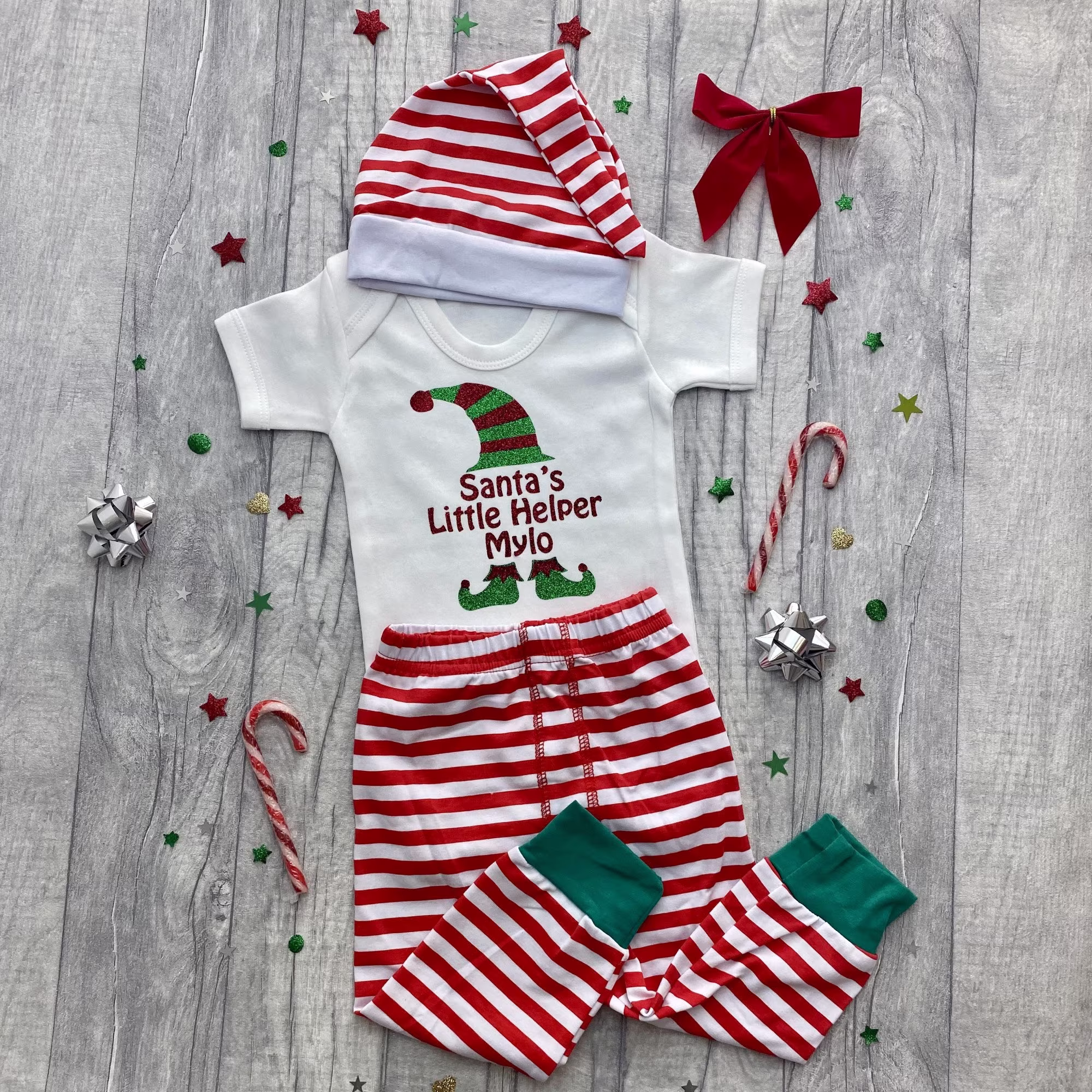 Babies Christmas Elf Outfit Set, Santa's Little Helper Newborn Baby Short Sleeve Romper Pants Hat Set Festive Season