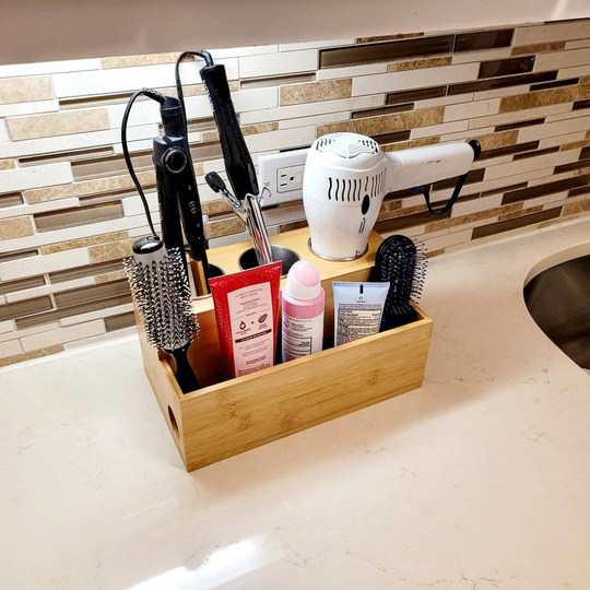 Elegant Bamboo Hair Tools & Makeup Bathroom Wall Mounted Or Countertop Storage Organization Box