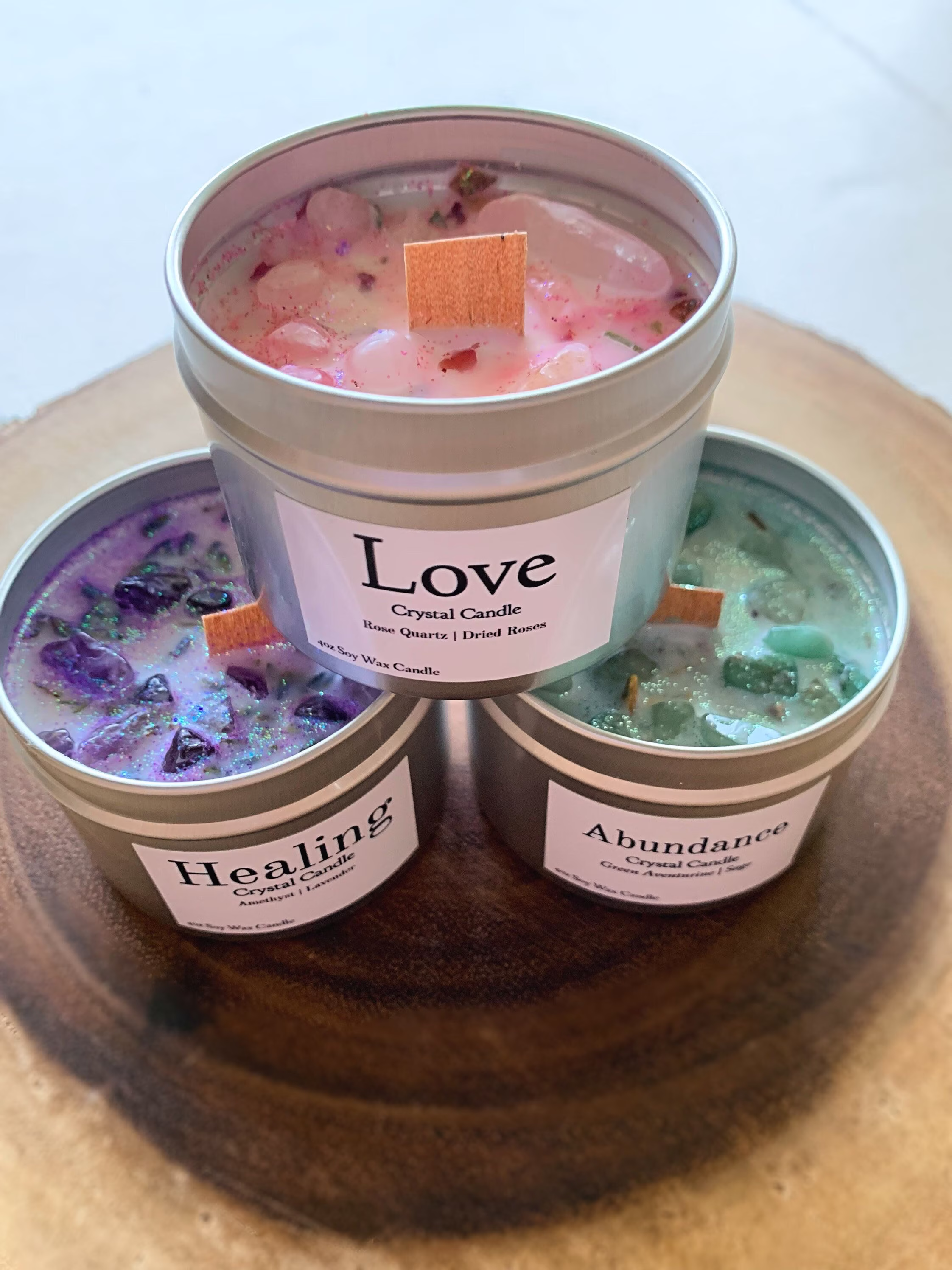 Crystal Candle Set Of 3 | 100% Soy Wax Love Healing & Wealth Manifestation Candles Gift For Mom Mystery Scented