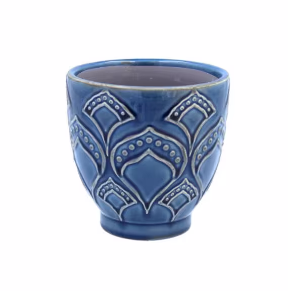 Navy Blue Retro Damask Leaf Pattern Glazed Ceramic Stoneware House Plant Pot Cover, Indoor Succulent Planter