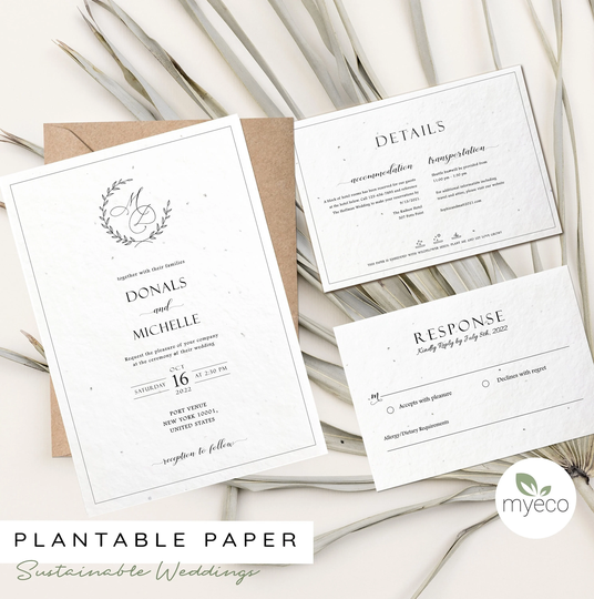 Plantable Wedding Invitation Set, Seeded Paper Invitation, Rsvp & Detail Card, Elegant Invitation, Printed Recycled Envelope
