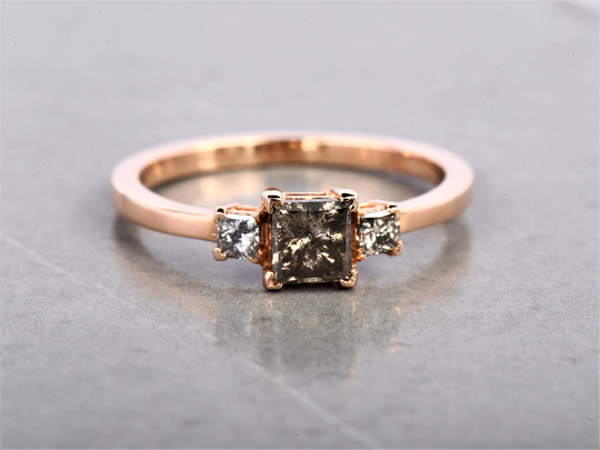 Salt & Pepper Diamond Ring Engagement 14K Princess Gold Ring, Square Art Deco Gift For Her