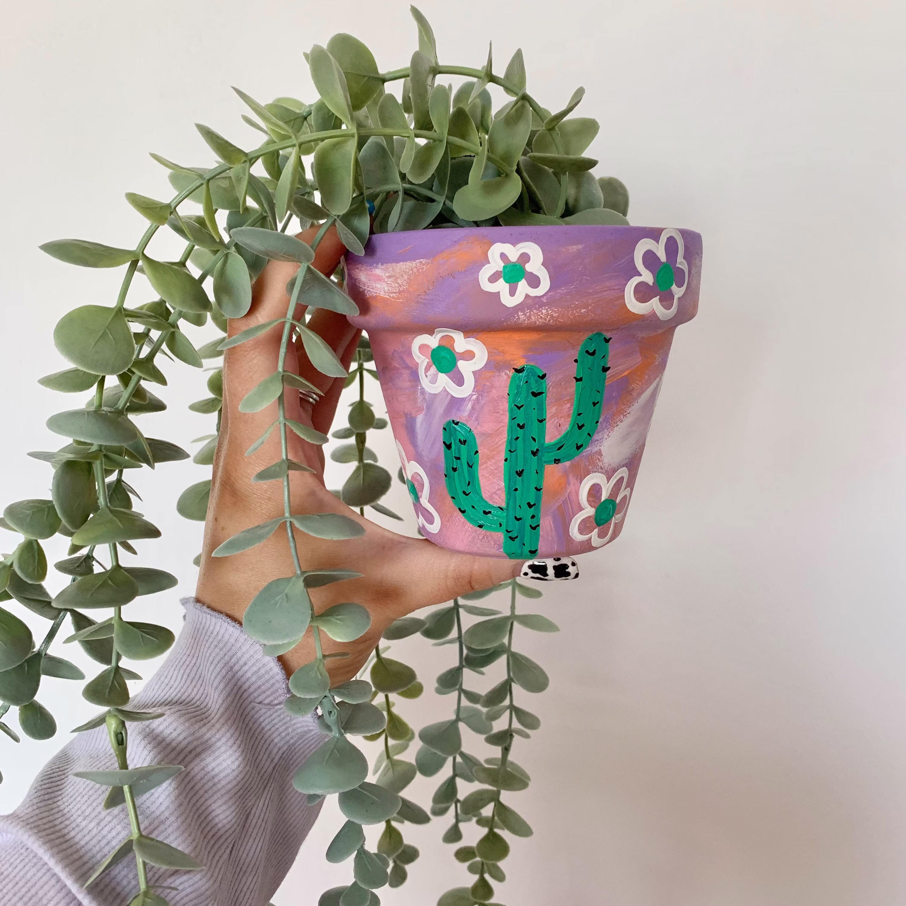 Hand Painted Cactus Plant Pot Retro Flower Abstract Pink Lilac Orange