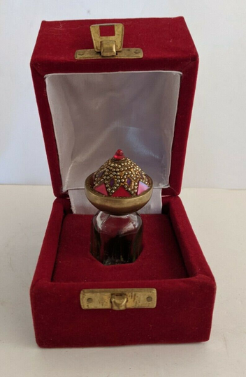 Vintage Hand Made Glass Apothecary Jar Brass & Jeweled Screw On Top