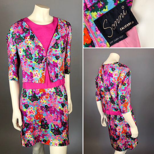 1960S Floral Pink Silk Mod Miniskirt Set By Sonni Of California - Size 10