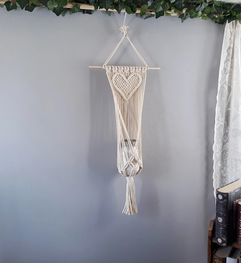 Heart Macrame Wall Hanging Planter, Rustic Wedding Decor Mason Jar Holder For Tea Lights, Knotted Home Herb Garden Holder, Boho Hanger