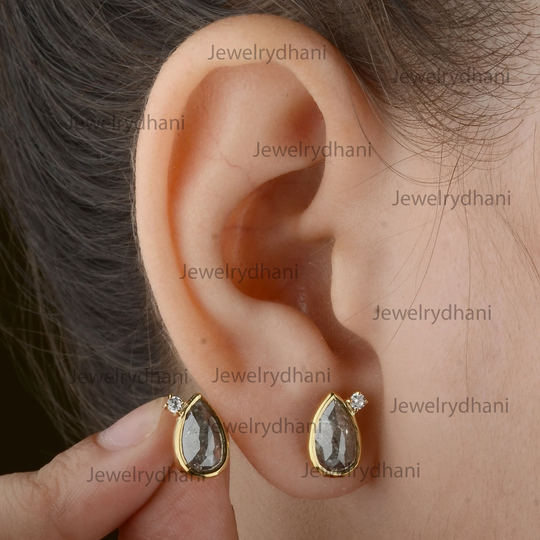 14K Solid Yellow Gold Stud Earrings Salt & Pepper Diamond Studs Pear Cut Minimalistic Jewelry, Mother's Day Gift