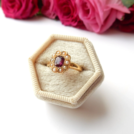 Antique 18Ct Gold Almandine Garnet & Seed Pearl Ring Us Size 6 UK M 1/2