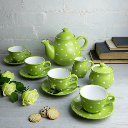 Green Ceramic Tea Set, Teapot Set For Four, Large Teapot, Milk Jug, Sugar Bowl & 4 Teacups & Saucers, Handmade Polka Dot Pottery