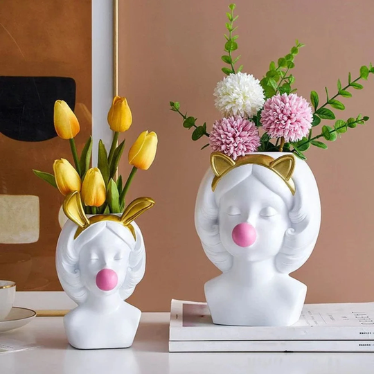 Cute Girl Blowing Bubbles Succulent Planters, Vinyl Flower Pot, Bunny Ears Planter, Cat Dried Flowers Vase, Doll Head