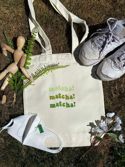 Matcha Neutral Olive Green Caffeine Embroidered Tote Bag Aesthetic Matcha Minimalist Minimalistic Shoulder Canvas Tea Japanese