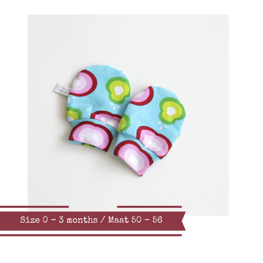 Organic Baby Mittens. Size 0 - 3 Months. Scratch Mitts Gots Fabric With Retro Apples & Pears. Baby Gift. Hand Covers. Gender Neutral