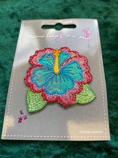 Hibiscus Motif Turquoise, Red & Green Sparkly Iron On 4.5 X 4.9cm