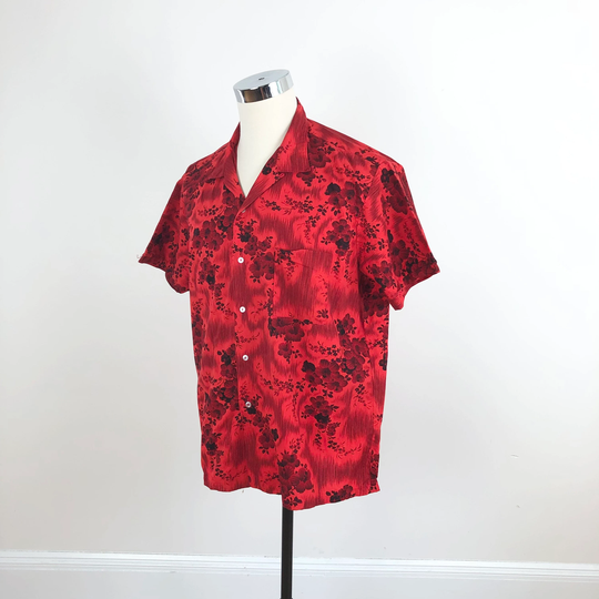 1960S Red Hibiscus Hawaiian Cotton California Swimwear Aloha Shirt L