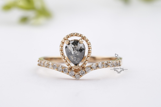 Salt & Pepper Diamond Engagement Ring | Pear Vintage Wedding Unique Promise 14Kt Rose Gold |Galaxy
