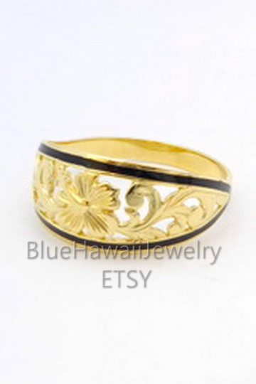 8mm Half Moon Hawaiian Heirloom Princess Carved Hibiscus Flower Cutout Ring