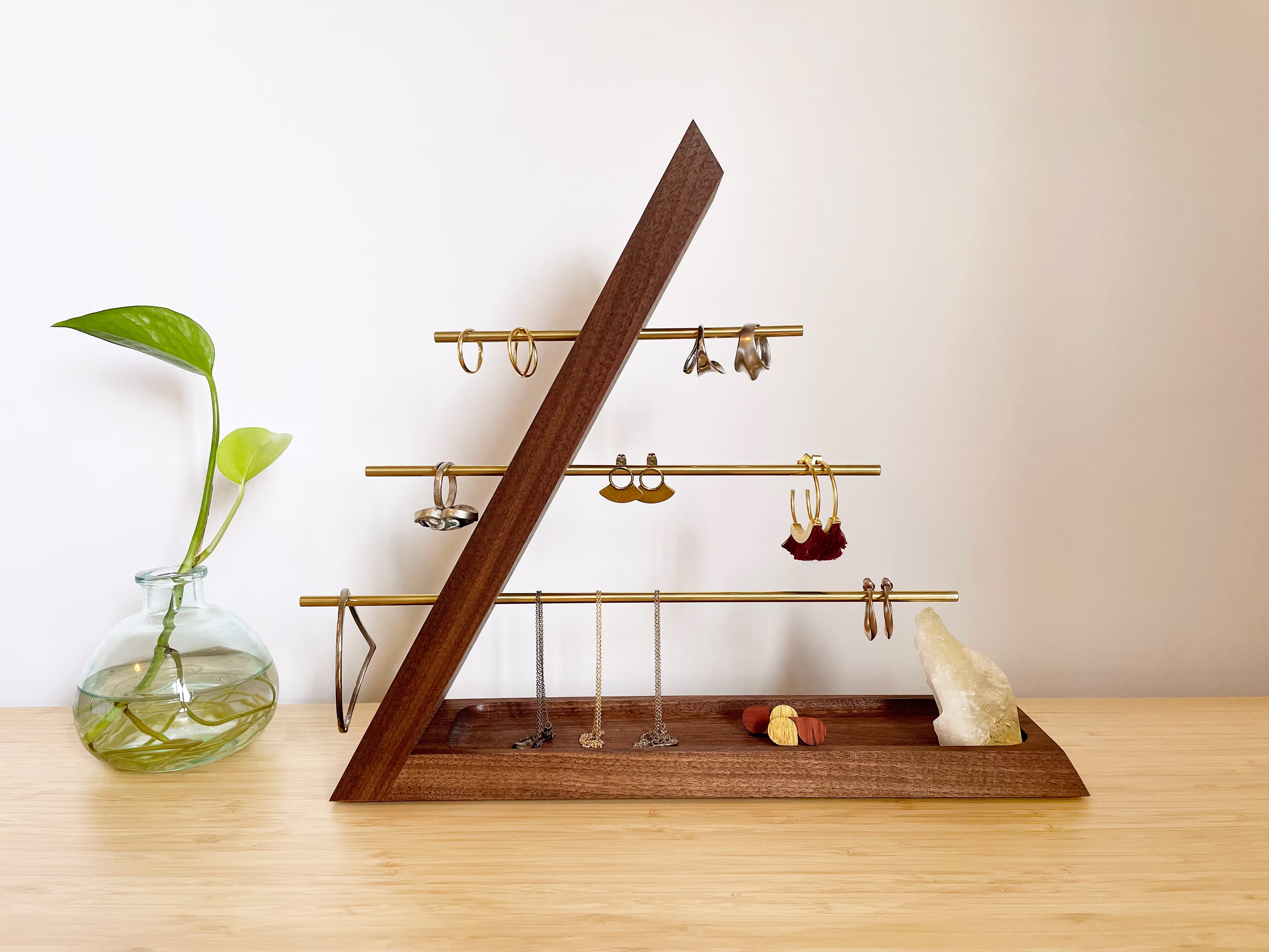 Hardwood Jewelry Organizer Stand, Accessories Display Holder For Earing, Ring, Bracelet & Necklace, Organization With Tray, Gift Her