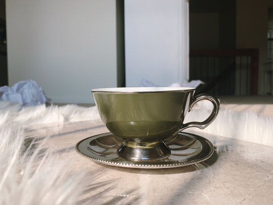 Vintage Olive Green & Silver Teacup With Antique Plate | Fine China Graceful Nasco Pewter Set Cup