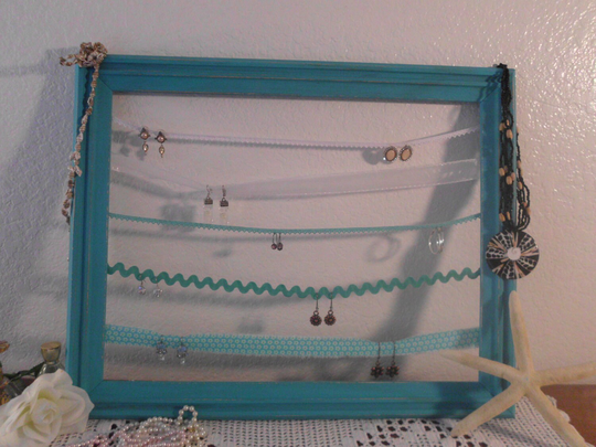 Earring Jewelry Organizer Rustic Frame Rack Aqua Shabby Chic Beach Cottage French Country Farmhouse Home Decor Turquoise Birthday Gift