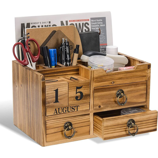 Rustic desk organizer with block calendar, mail desk organizer and storage space