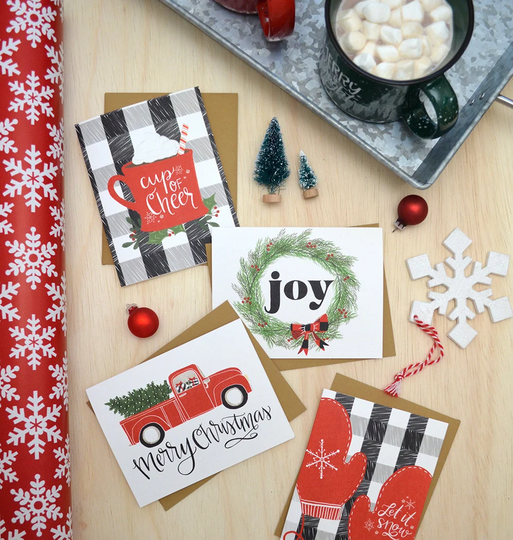 Set Of Four, Cup Cheer, Merry Christmas, Let It Snow, Joy, Red Vintage Truck, Christmas Tree, Seasonal Folded Note Cards, Holiday Cards