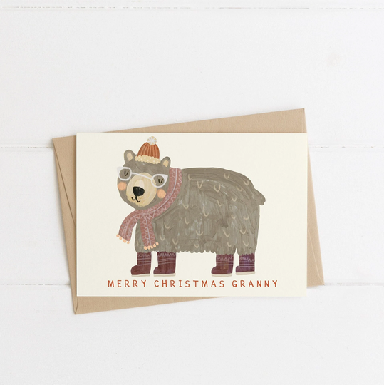 Granny Bear Christmas Card | Nan Nanny Grandma Grandmother Xmas Merry Seasons Greeting Happy Holidays Eco-Friendly Recycled Hand Painted