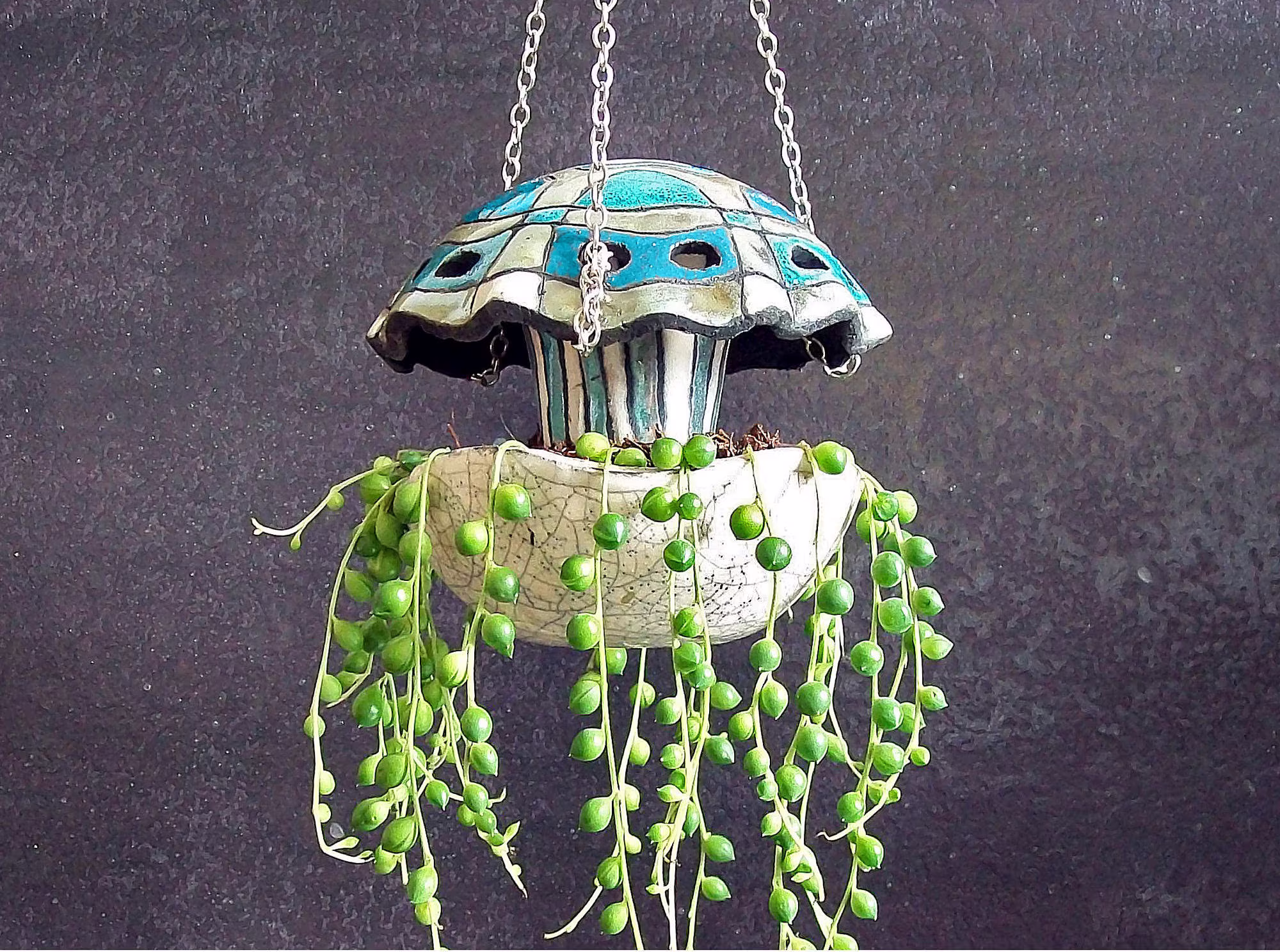 Ceramic Jellyfish Hanging Planter Pot, Terrarium, Raku Pottery Planter, Ornament, Cosatal Pot