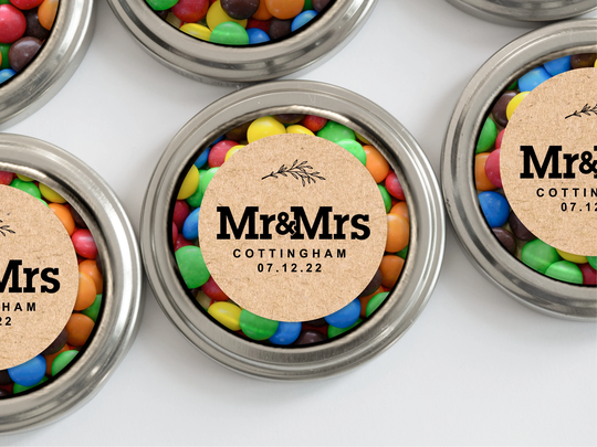 Silver M&m Container Tins For Your Party Or Event With Custom Message | Bath Salt, Tea Leaf Favour Diy Mint Kit Modern Wedding