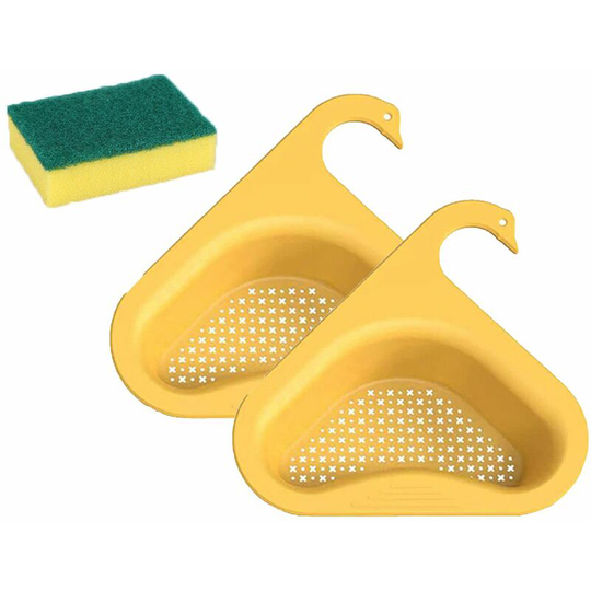 2Pcs Swan Drain Basket,Kitchen Sink Drain Basket No Punching,Triangular Kitchen Sink Strainer,Yellow,Comes with a dish brush