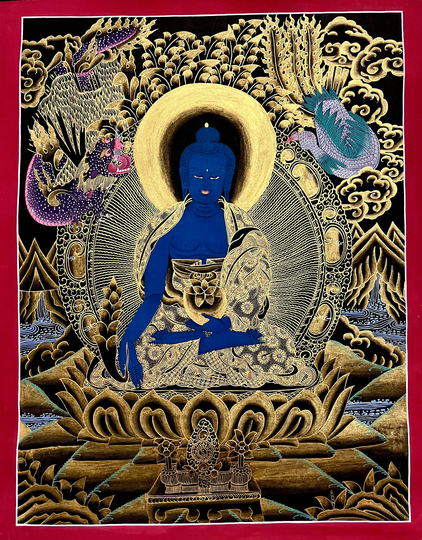 Genuine Hand Painted Master Piece Tibetan Buddha Medicine Thangka Thanka Gold Paint Boddhisattva Compassion Karma Kagyu Dorje Chang