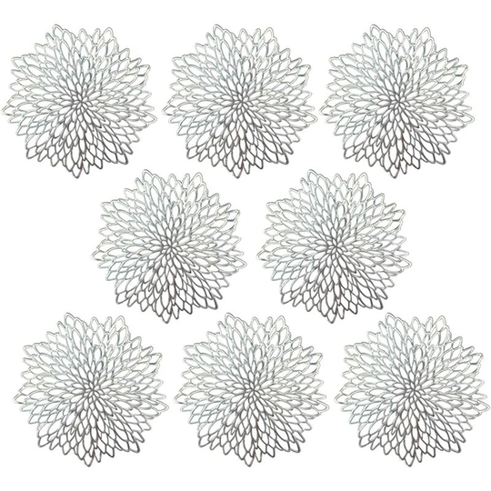 Placemats, pvc Set of 8 Placemats Washable Decor Placemats Heat Resistant Hollow Insulation Coaster Mats Heavy Duty pvc Placemats, Silver