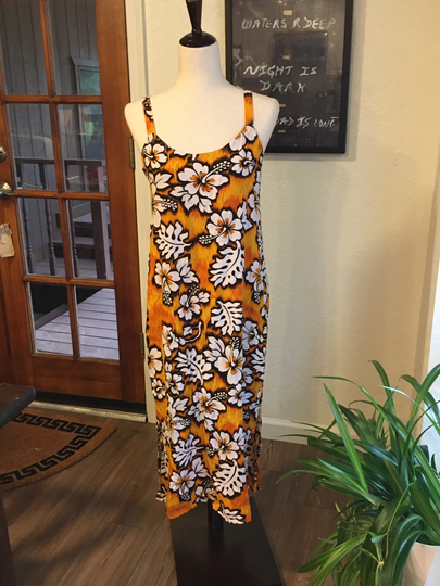 Vintage Hawaiian Print Aloha Dress - Black + Orange Graphic Tropical Hibiscus Flower Beach 90S Rayon Tank