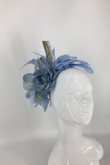 Vintage Soft Blue, Powder Blue , Golds Feather Fascinator, Headband, Headpiece Mother Of The Bride, Wedding Guest