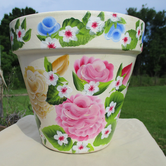 Classic Hand Painted Planter Pot Garden Fresh Terrace Beauty Pink Yellow & Blue Roses Spices Herbs Flowers Gift Mom Dad Him Her Treat You