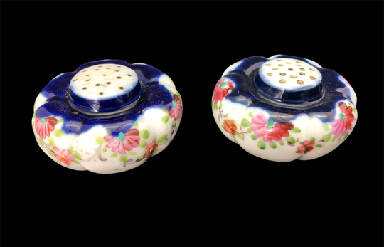 Japanese Antique Handpainted China Salt & Pepper Shakers. Floral Pattern With Gold Abs Cobalt Blue. Rare Pumpkin Shape. Flowers, White, Pink